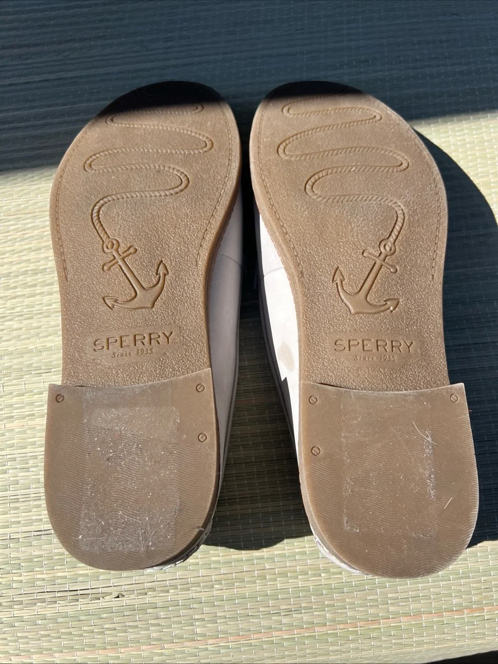 Sperry Light Gray Suede Penny Loafers with Brown Sole